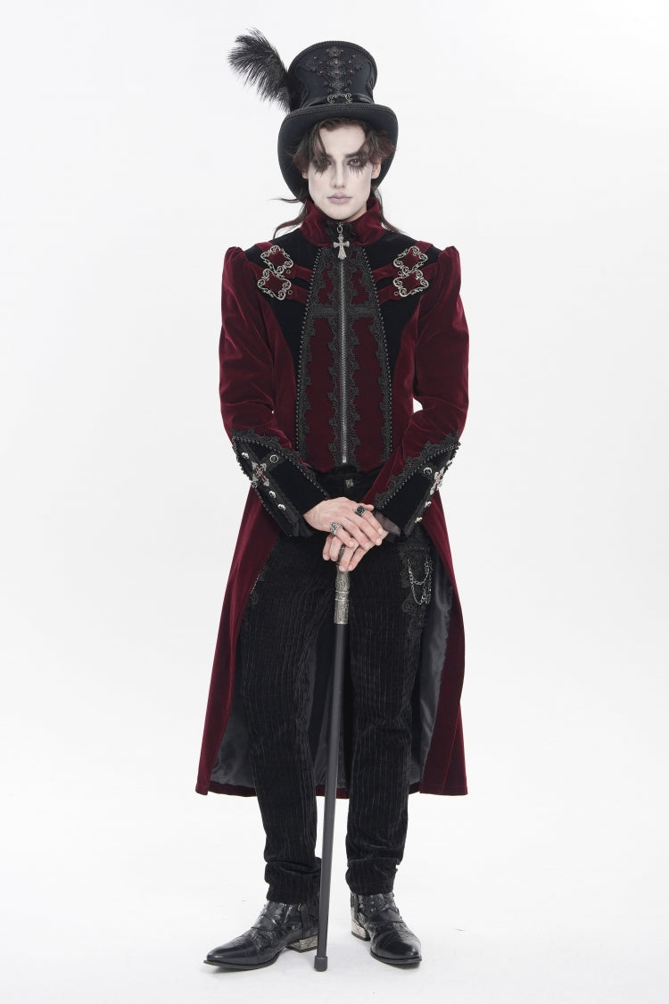 Crimson High-Neck Gothic Palace Jacket with Color Block and Embroidery