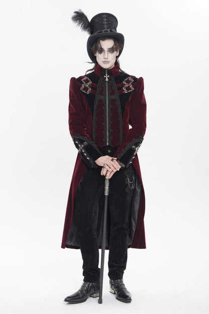 Crimson High-Neck Gothic Palace Jacket with Color Block and Embroidery