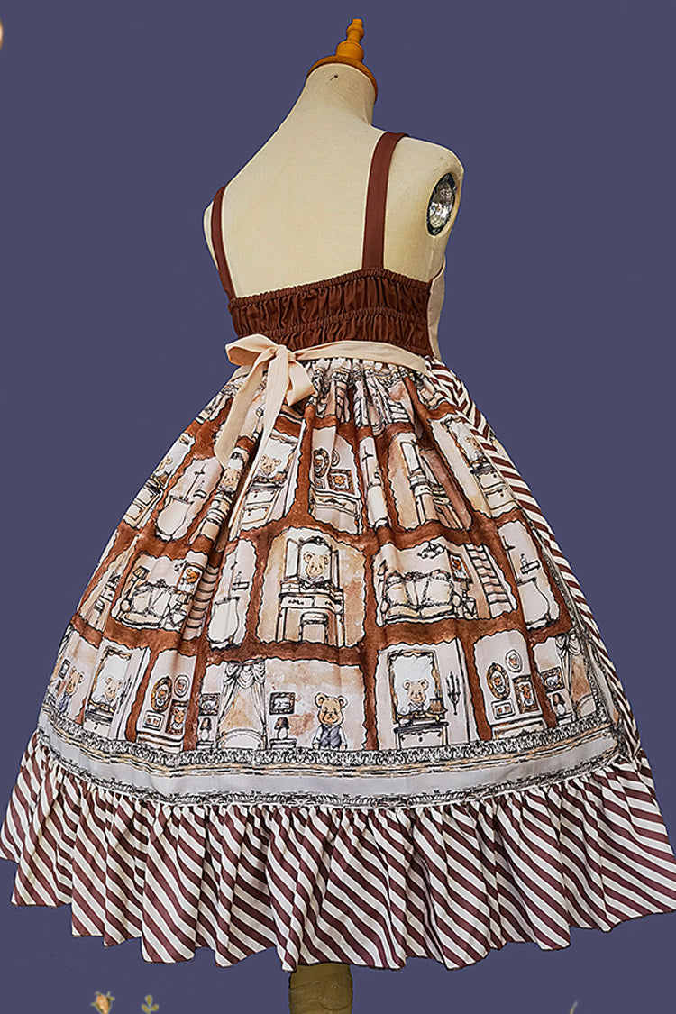 Underground Bear Print Ruffle Bow Sweet Lolita Dress - Brown
