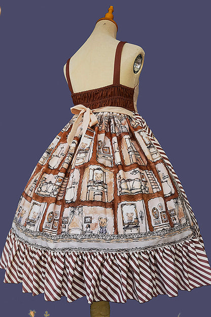 Underground Bear Print Ruffle Bow Sweet Lolita Dress - Brown