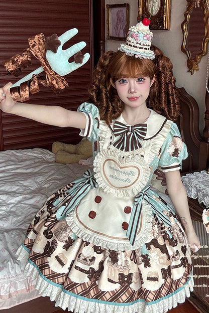 Peppermint Chocolate Cake Bear Print Lace-Up Lolita Dress with Bow - Sweet