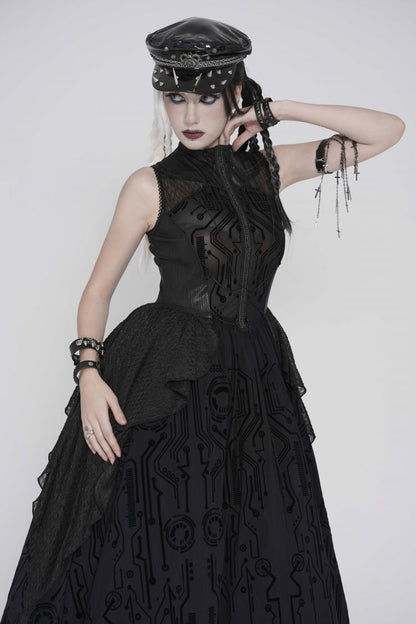 Gorgeous Black Punk Dress for Women, Layered Print with Sheer Fabric