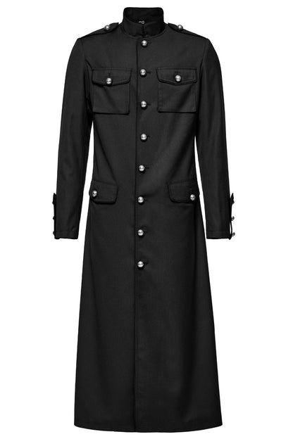 Black Gothic Overcoat for Men, Slim with Big Pockets and Mandarin Collar