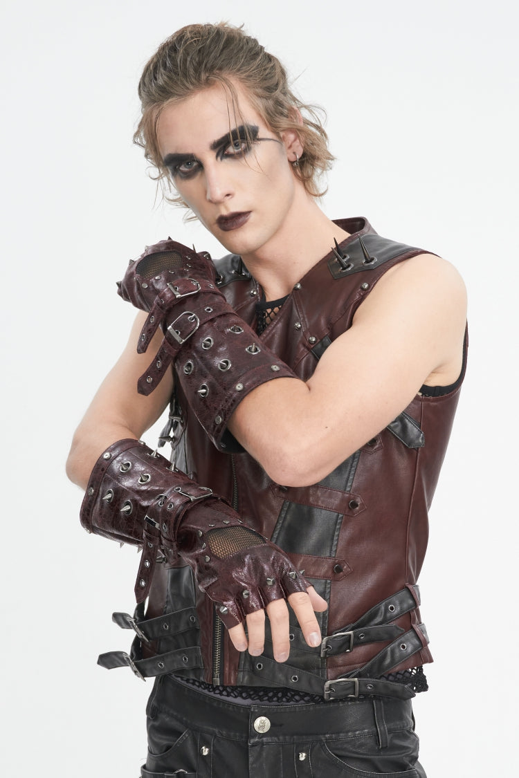 Crimson Punk Half-Finger Gloves with Mesh, Studs, and Buckles