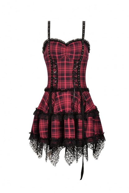 Crimson Punk Mini Dress with Plaid Layers and Lace Trim
