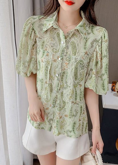 Pan Elegant Chiffon Shirt Peter Top Print Lantern Green Collar