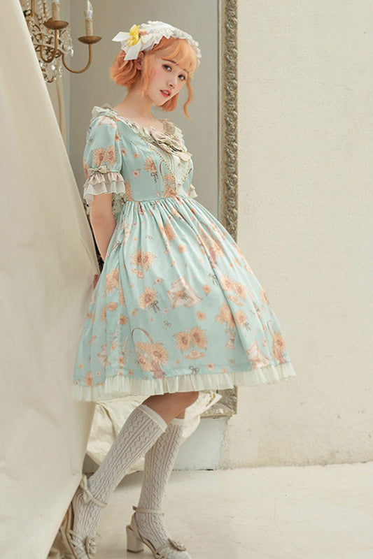 Emerald Sunflower Print Ruffled Bow Short-Sleeve Lolita Dress