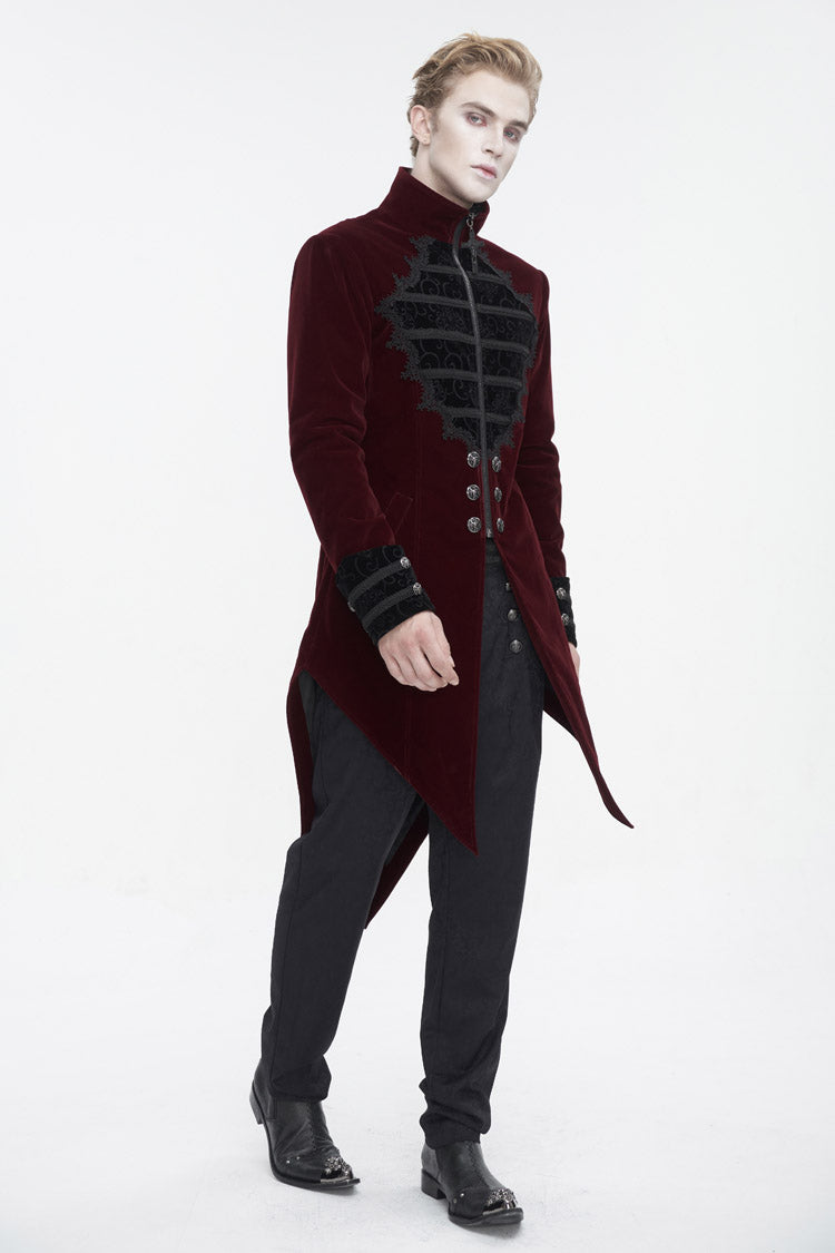 Crimson High-Neck Gothic Coat with Lace Panels and Swallowtail Back