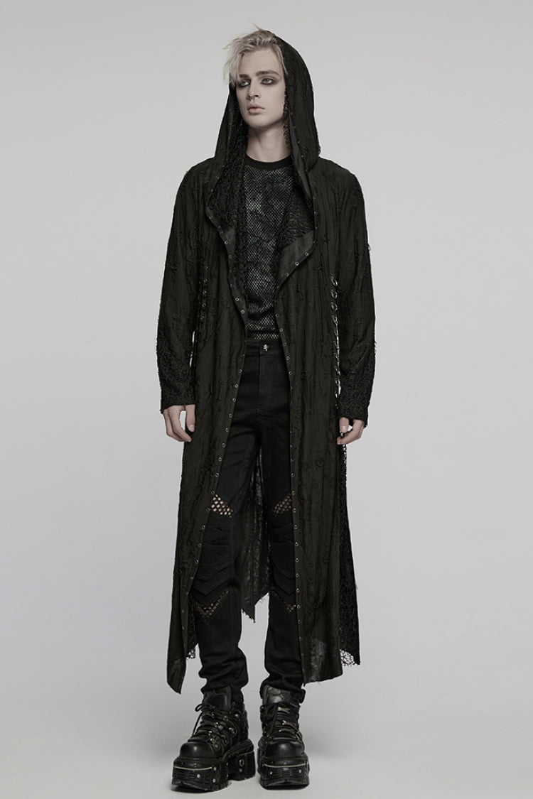 Ebony Long-Sleeve Irregular Hooded Sheer Ripped Men's Gothic Coat