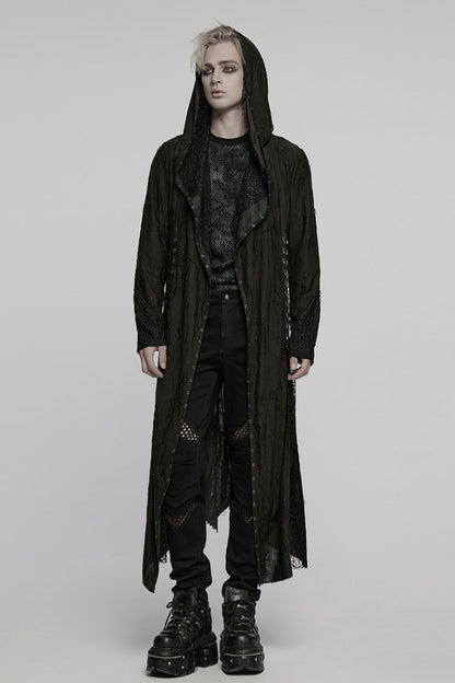 Ebony Long-Sleeve Irregular Hooded Sheer Ripped Men's Gothic Coat