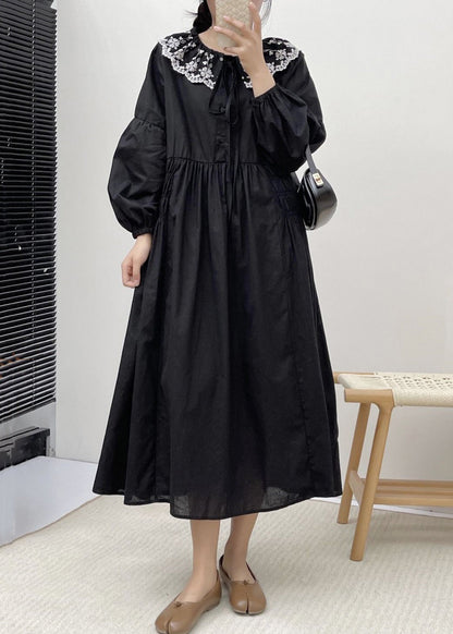 Loose Black Embroidered Lace Up Cotton Dress Spring NN017