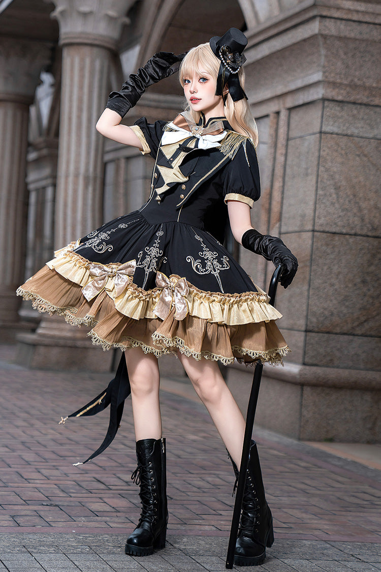 Ebony Short-Sleeve Double-Layered Embroidered Bow Gothic Dress - Gilded Oath