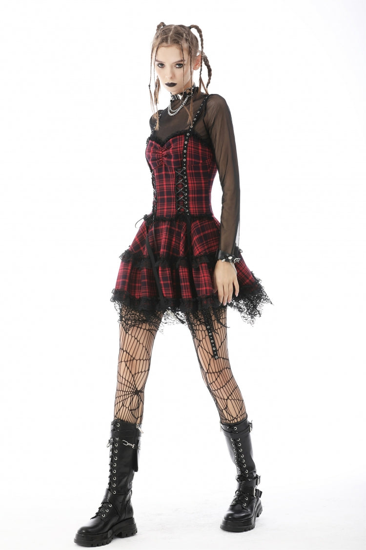 Crimson Punk Mini Dress with Plaid Layers and Lace Trim
