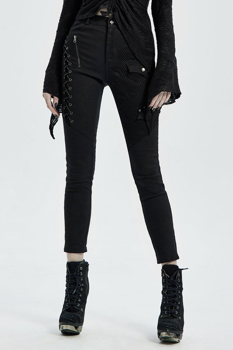 Lace-Up Stitching Drawstring Steampunk Skinny Jeans for Women - Two Shades