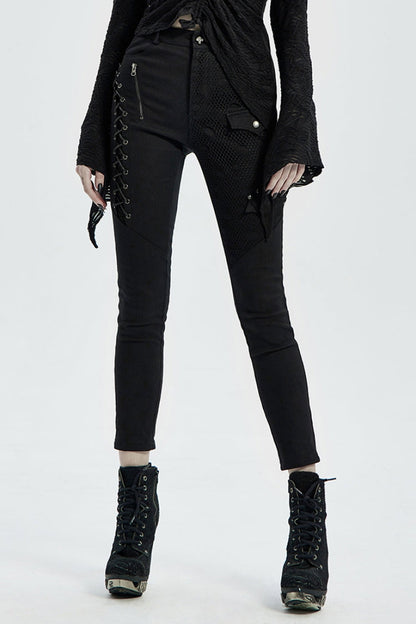 Lace-Up Stitching Drawstring Steampunk Skinny Jeans for Women - Two Shades