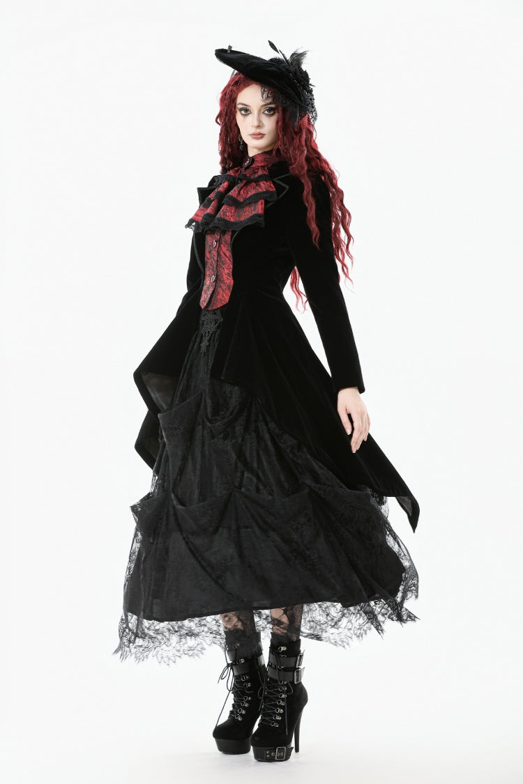 Crimson & Charcoal Peak Lapel Long Sleeve Layered Lace Mock Two-Piece Goth Tailcoat