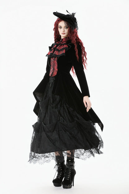 Crimson & Charcoal Peak Lapel Long Sleeve Layered Lace Mock Two-Piece Goth Tailcoat