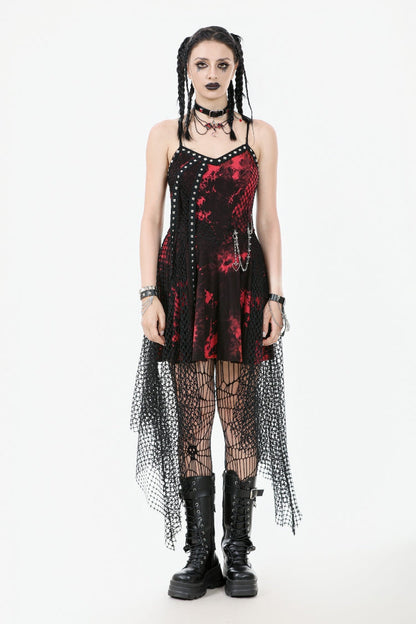 Crimson Punk Slip Dress with Asymmetric Tie-Dye and Mesh Hem
