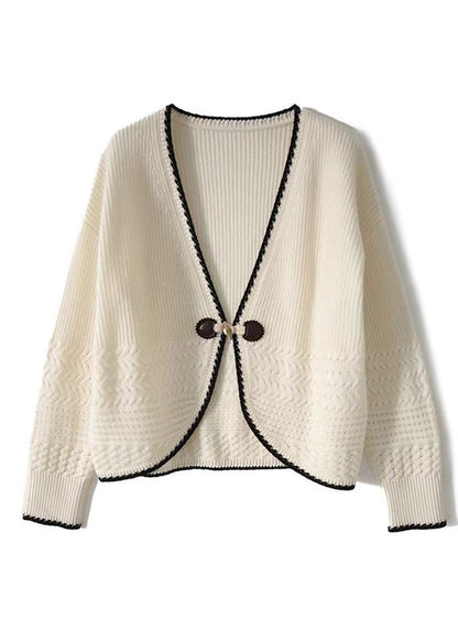 Cardigan en tricot de laine beige à col en V pour femme Automne QC049 