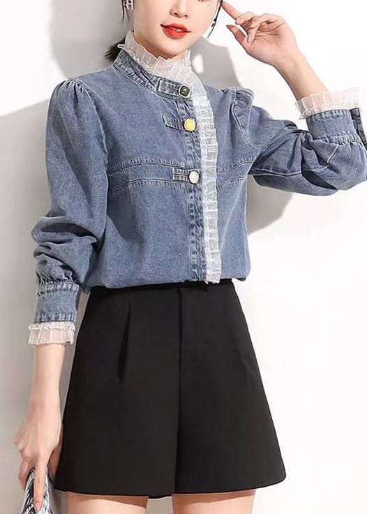 French Blue Stand Collar Asymmetrical Patchwork Lace Cotton Denim Coats Long Sleeve AJ1005