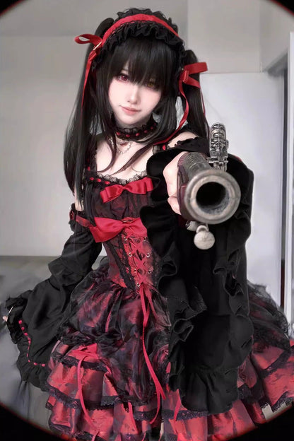 Crimson & Obsidian Sleeveless Multi-Layer Ruffle Bowknot Lace-Up Princess Lolita Jsk Dress