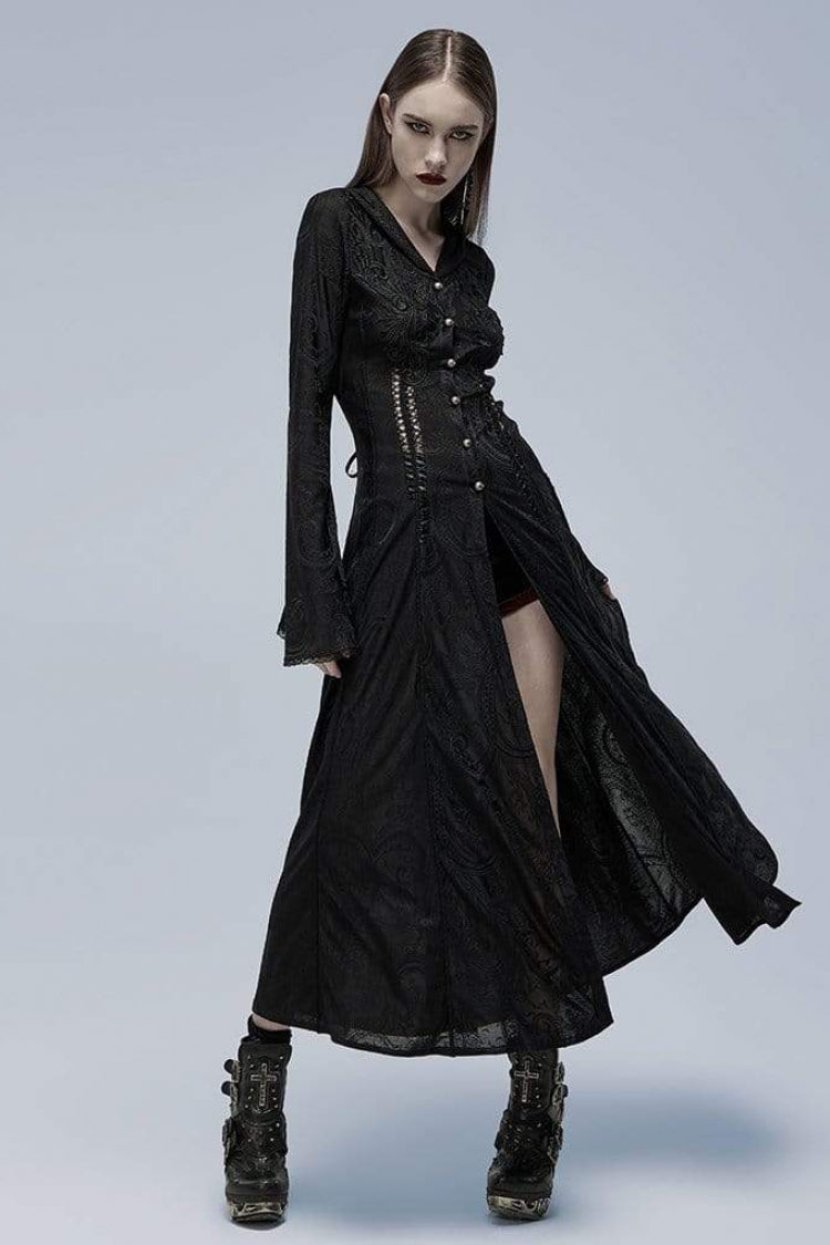 Ebony Flared-Sleeve Sheer Lace Fitted Hooded Gothic Dress