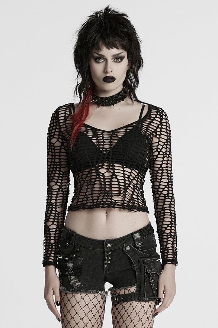 Ripped Punk Sheer Top - Women's Edgy Long-Sleeve