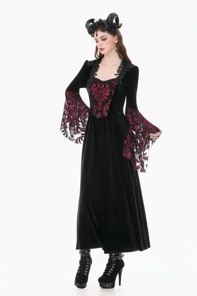 Crimson & Obsidian Square Collar Long Flare Puff Sleeves Lace Victorian Velvet Long Dress