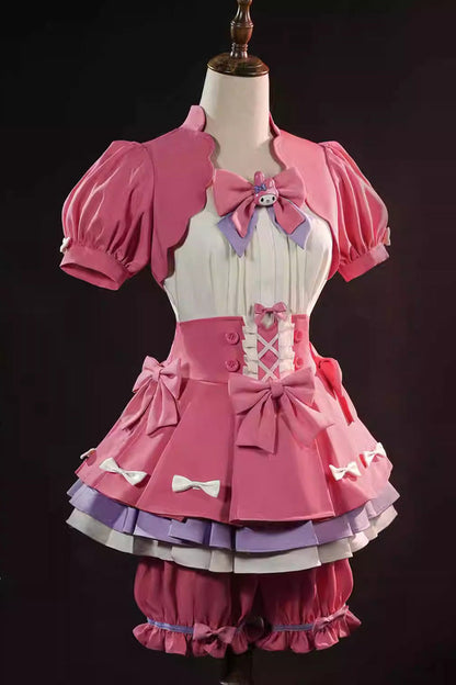 Blush Short-Sleeve Ruffle Bow Lace-Up Ouji Outfit with Shorts - Identity V