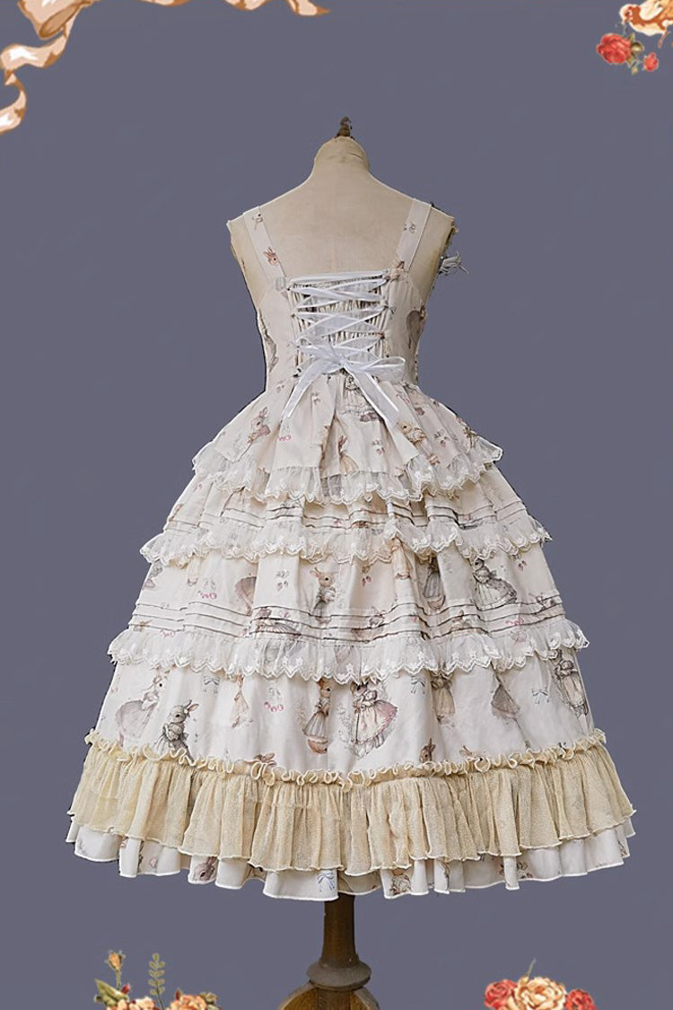 Multi-Layer Ruffle Sweet Elegant Lolita JSK Dress with Rabbit Dance Print - 4 Colors