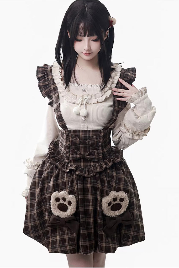 Fluffy Bear Plaid Ruffle Bow Sweet Lolita Strap Dress