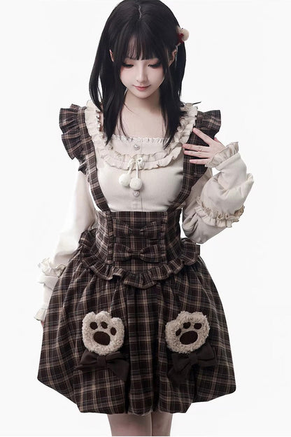 Fluffy Bear Plaid Ruffle Bow Sweet Lolita Strap Dress