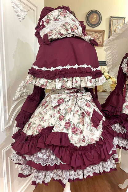 Off Shoulder Ruffled Bow Lace Gothic Lolita JSK Dress with Rose Print