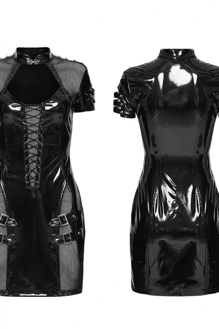 Slim Mesh Punk Dress with Lace-Up and Buckles for Women