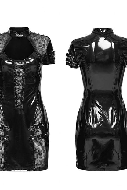 Slim Mesh Punk Dress with Lace-Up and Buckles for Women