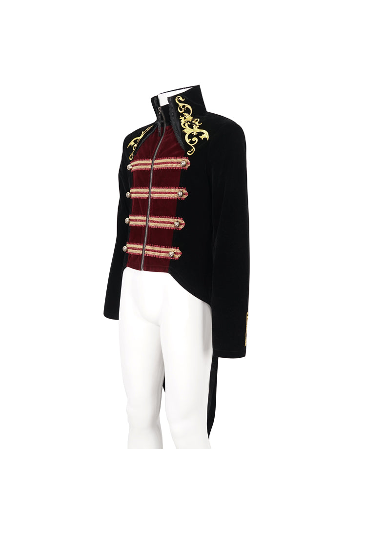 Crimson & Charcoal Vintage Emblem Stitched Swallow-Tail Goth Overcoat