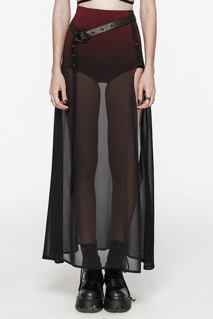 Crimson & Charcoal Studded Asymmetrical Goth Midi Skirt with Waist Chain