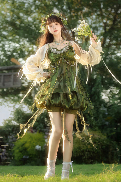Emerald Leaf Decoration Ruffle Asymmetric Sweet Lolita Jumper Dress Set