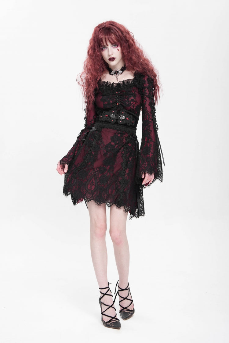 Crimson Square-Neck Gothic Dress with Floral Embroidery and Lace-Up