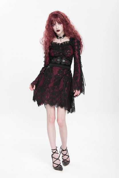 Crimson Square-Neck Gothic Dress with Floral Embroidery and Lace-Up