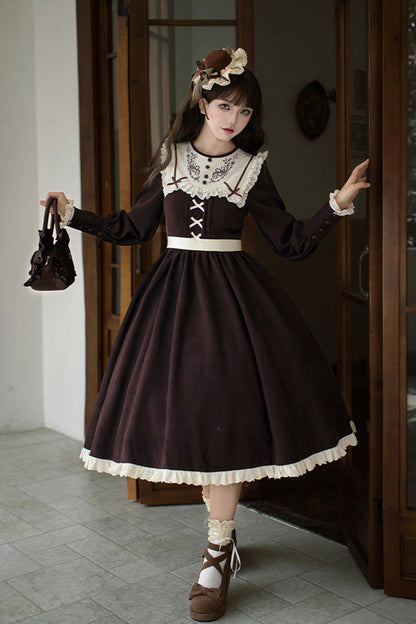 Rustic Brown Embroidered Ruffle Sleeve Sweet Lolita Gown - Miss Brown