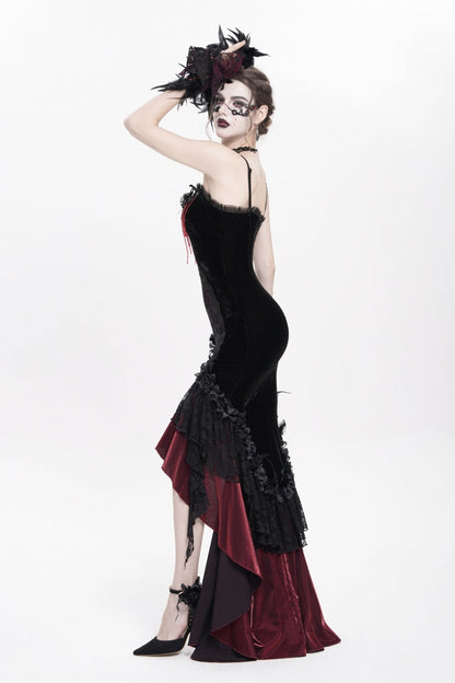 Crimson & Obsidian Sleeveless Cross Ruffled Floral Embroidered Chain-Decorated Gothic Long Slip Dress