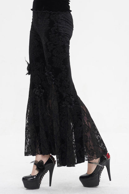 Dark Floral Lace Trimmed Flared Trousers for Women - Gothic