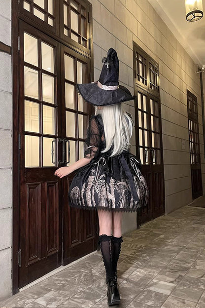 Gothic Punk Lolita JSK Dress with Ballet Lace-Up and Eternal Night Print
