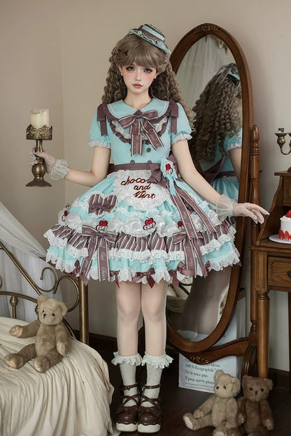 Emerald Lapel Collar Short Sleeve Triple-Layer Printed Ruffled Bow Lace Princess Sweet Lolita Gown