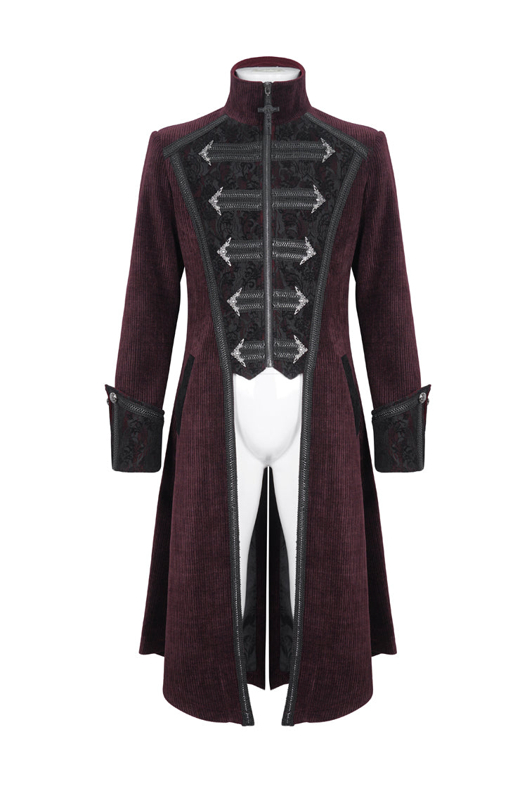 Crimson High-Neck Slim-Fit Gothic Coat with Embroidered Long Sleeves