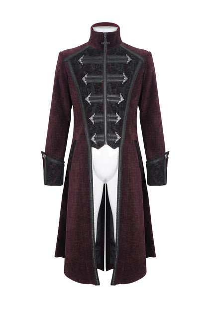 Crimson High-Neck Slim-Fit Gothic Coat with Embroidered Long Sleeves
