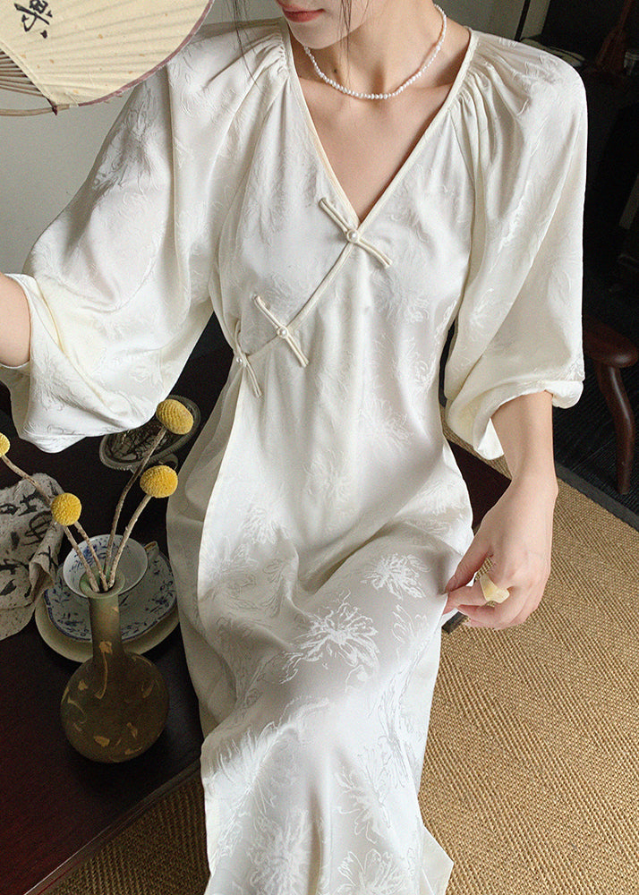 New Long Jacquard Beige Spring Neck Silk Oriental Dress Button V