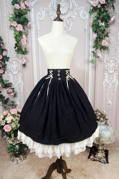 Ebony High-Waist Embroidered Ruffle Lace-Up Palace Skirt - Heart of Rose