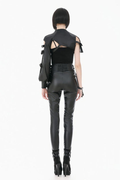 Women's Punk Leather Belt with Eyelet Buckle, Zipper and Side Pouches